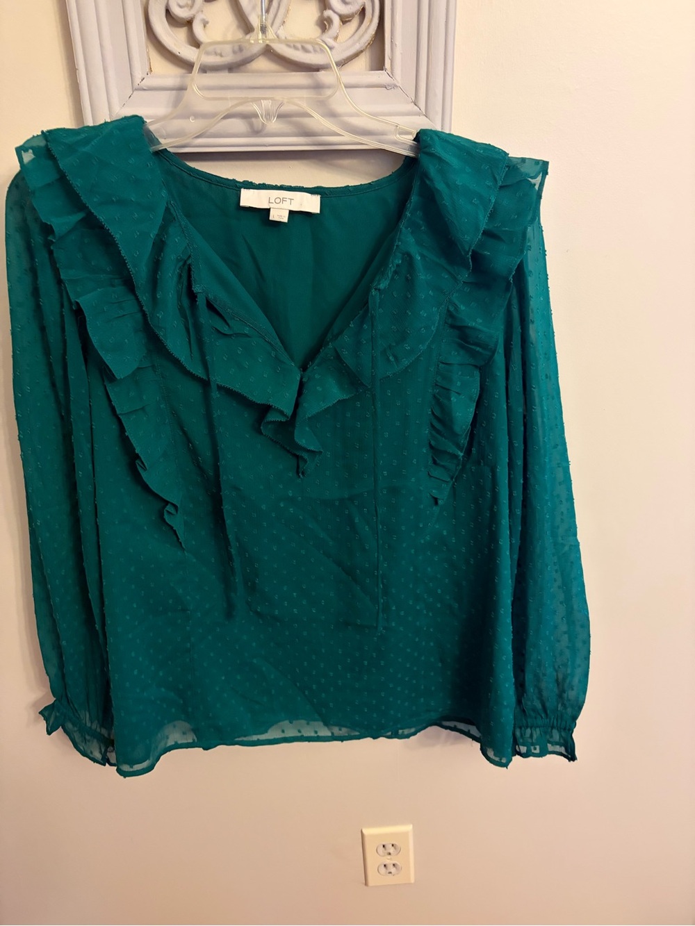 LOFT Teal Ruffle V-Neck Sheer Blouse